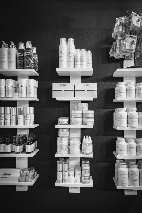 Shelves of medical grade skincare and supplements on display inside the Express Med Spa clinic in La Grange, Illinois. Photo courtesy of expressmedspas.com.