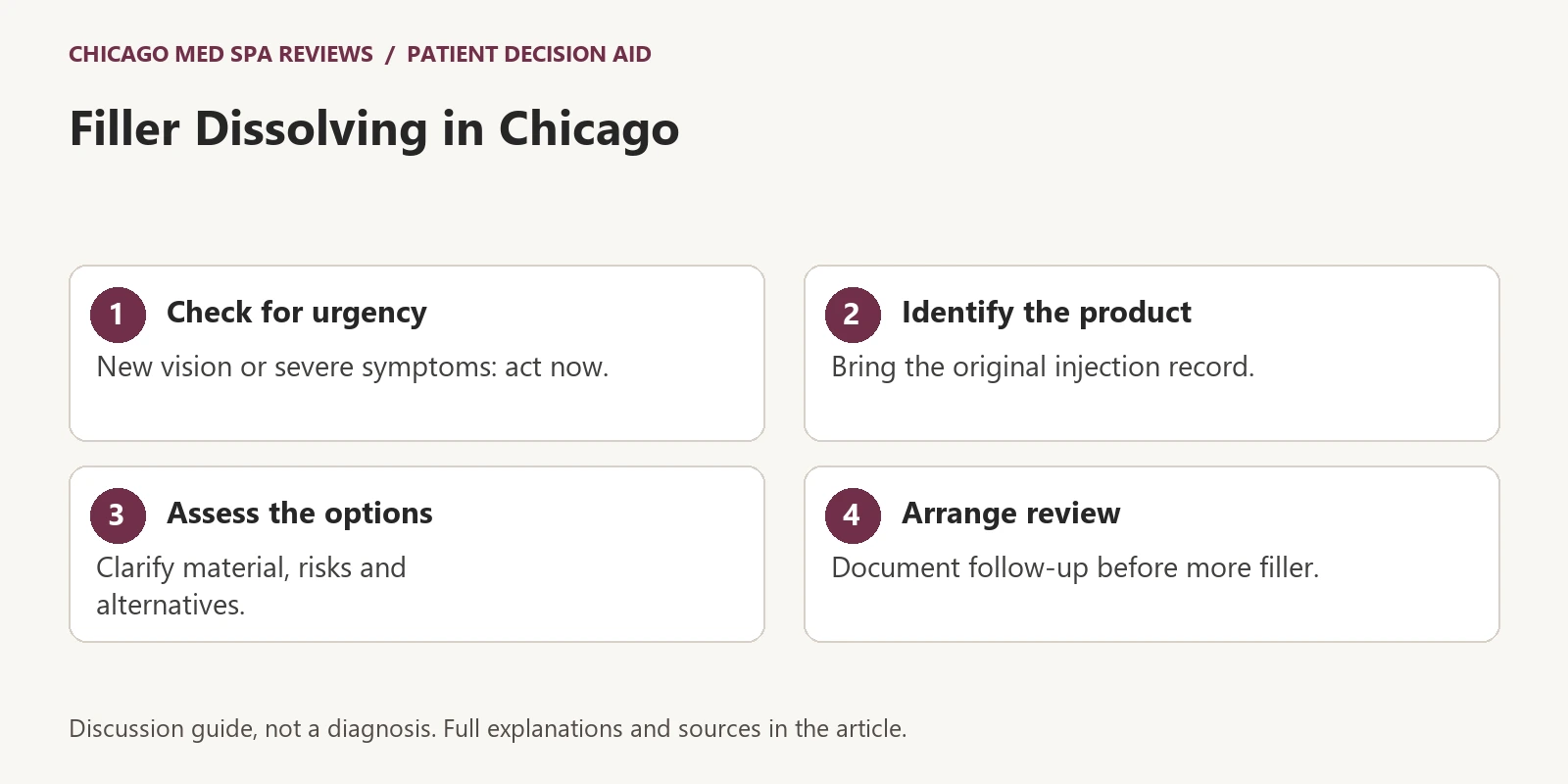 Four-step educational graphic: Check for urgency, identify the product, assess options, arrange review.